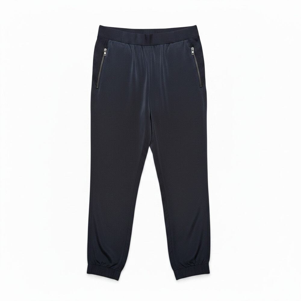 THEORY Fleta 100% Silk Joggers Navy Blue Side Zip Pockets - Size Large